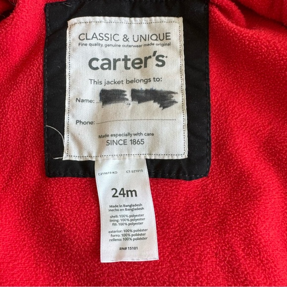 Carter’s Toddler Boy’s Black and Gray Jacket Red Fleece Lining Size 24 Months - Picture 9 of 9